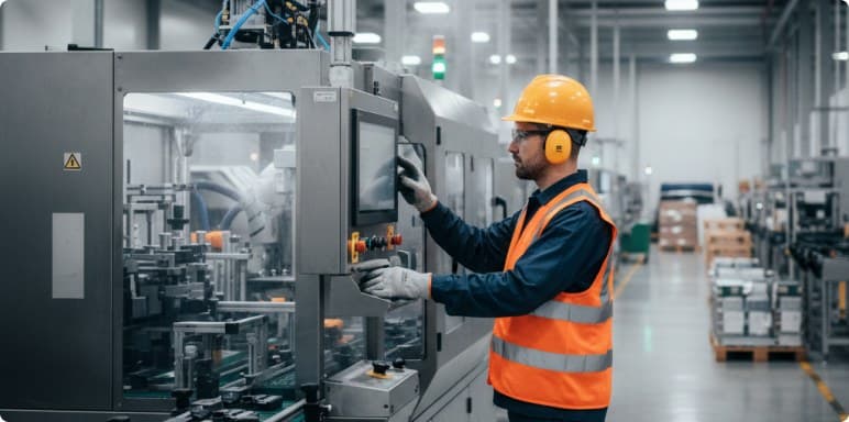 Operator at the machine panel where the changeover starts