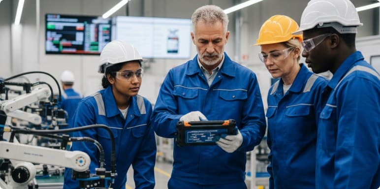 Engineers reviewing a changeover together on the factory floor