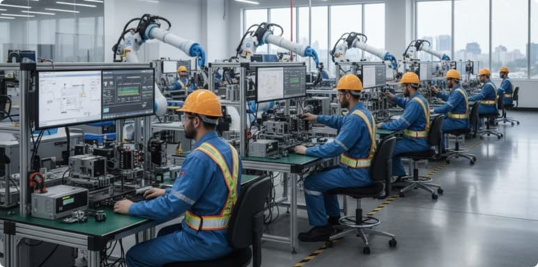 Technicians working stations along an electronics assembly line