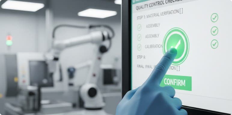 Operator confirming a quality-control checklist on a touchscreen