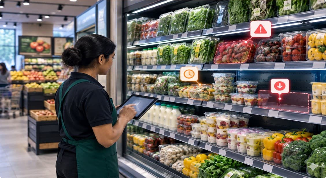 Store colleague reviewing a chilled produce shelf on a tablet, with expiry and waste-risk alerts overlaid