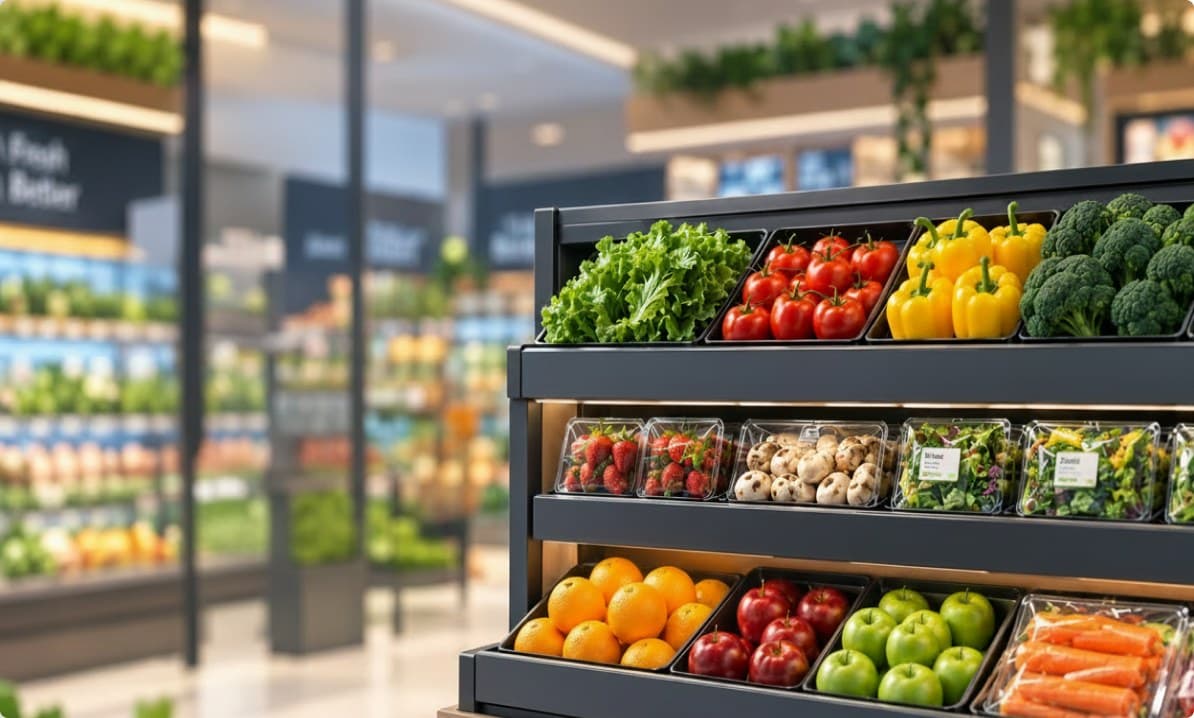 Fresh produce chiller stocked with vegetables and fruit in a supermarket