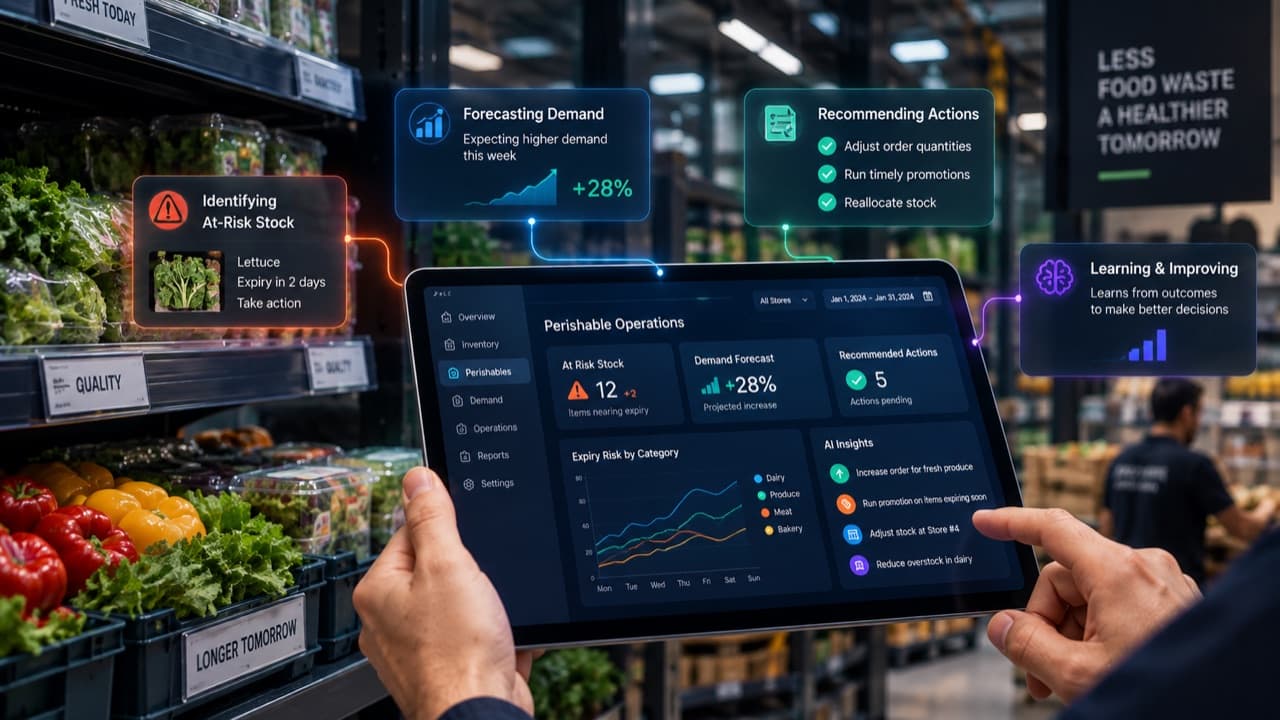 Maestro's perishable operations view on a tablet in a fresh aisle, flagging at-risk stock, forecasting demand and recommending actions