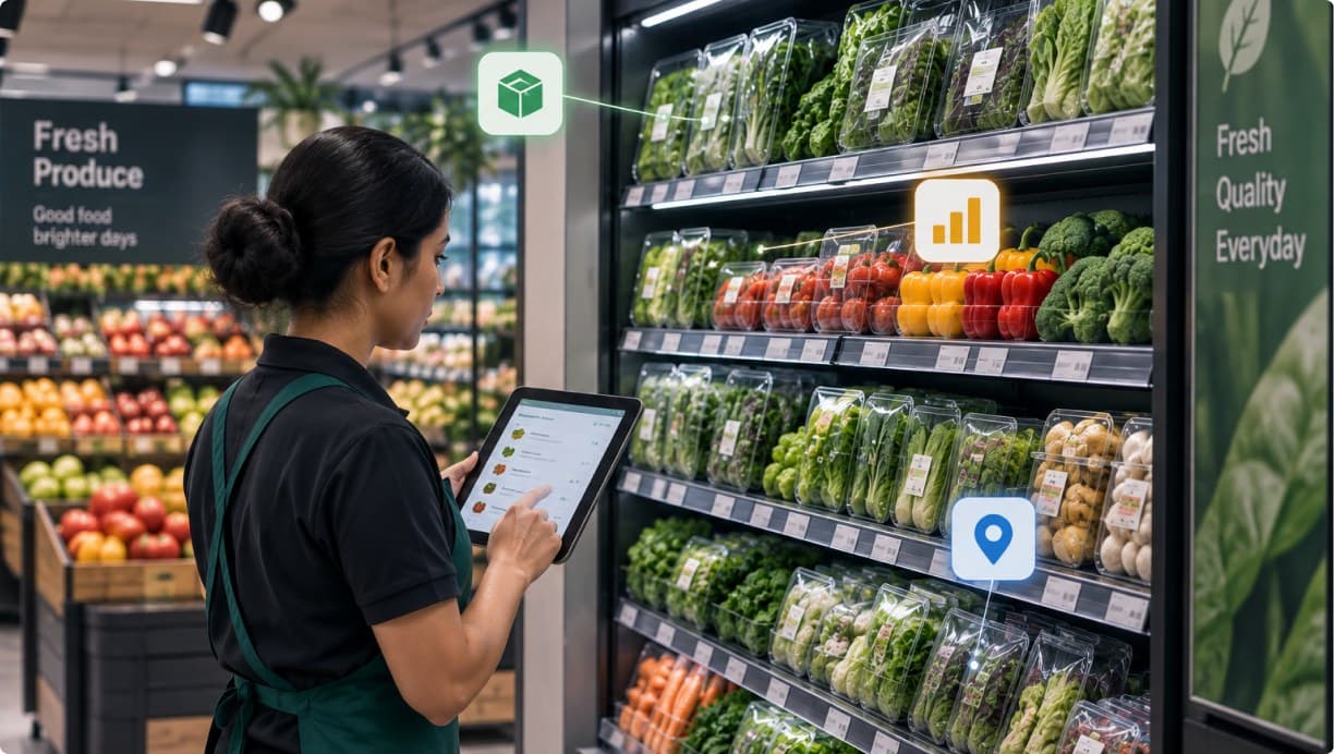 Colleague reviewing the fresh produce aisle on a tablet