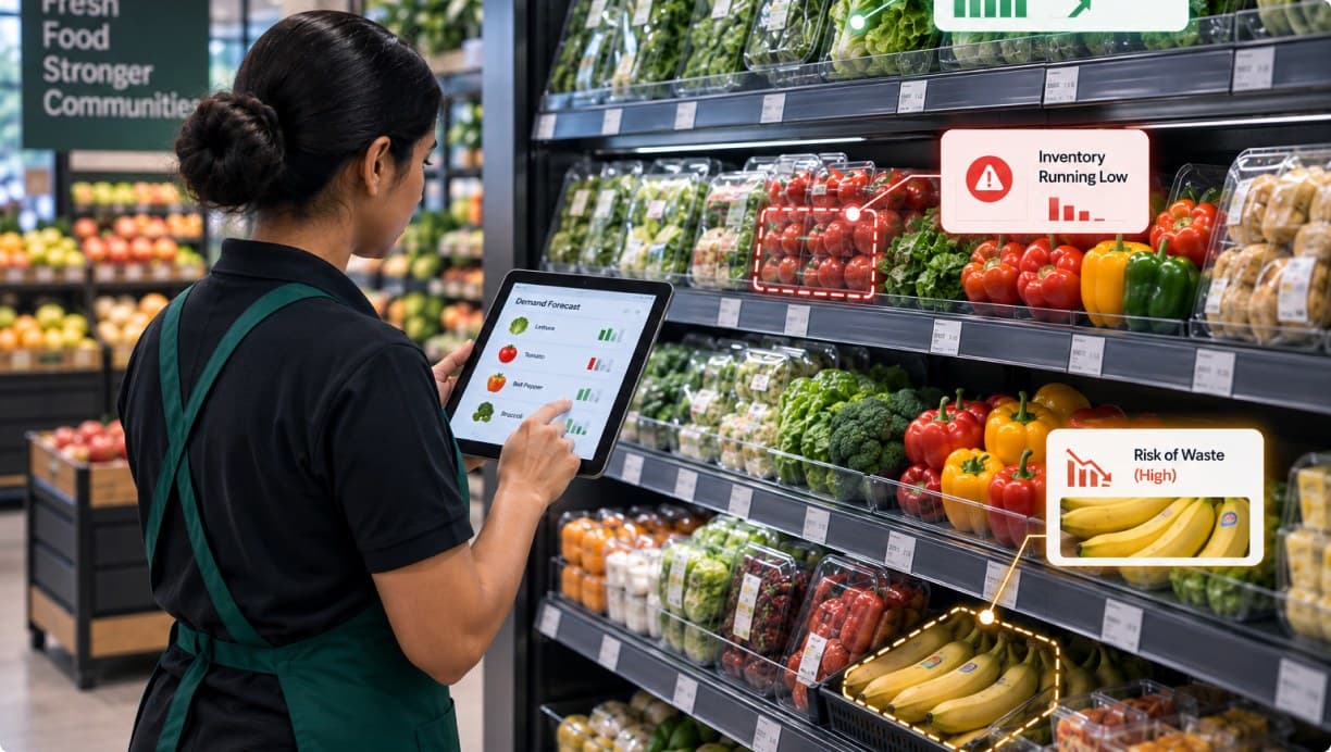 Tablet flagging inventory running low and a high waste risk on the produce shelf
