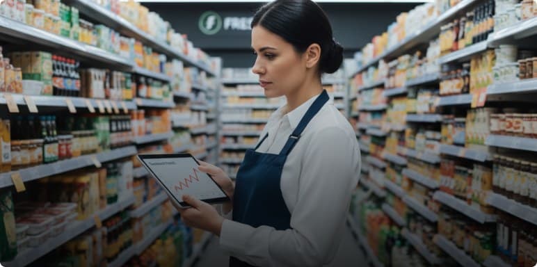 Colleague reviewing stock on a tablet in a grocery aisle