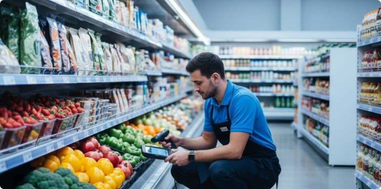 Colleague scanning the chilled produce shelf with a handheld