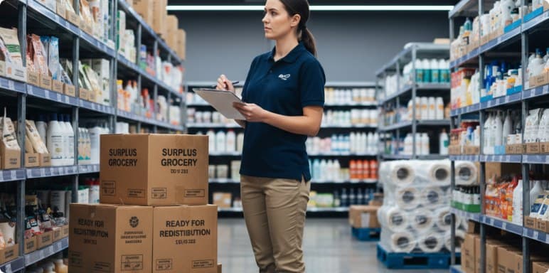 Colleague recording surplus grocery cartons ready for redistribution
