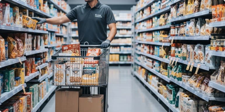 Colleague replenishing shelves from a picking trolley