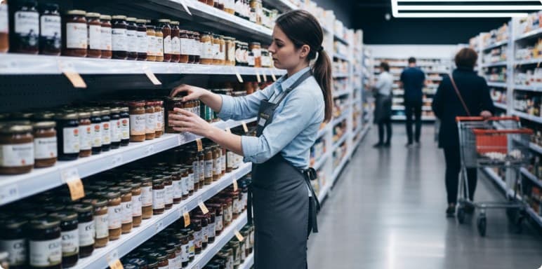 Colleague facing up jars on a supermarket shelf
