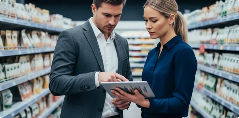 Two managers reviewing store performance on a tablet