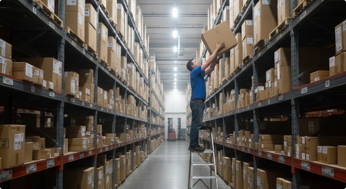Picker reaching for a carton high on a warehouse racking aisle