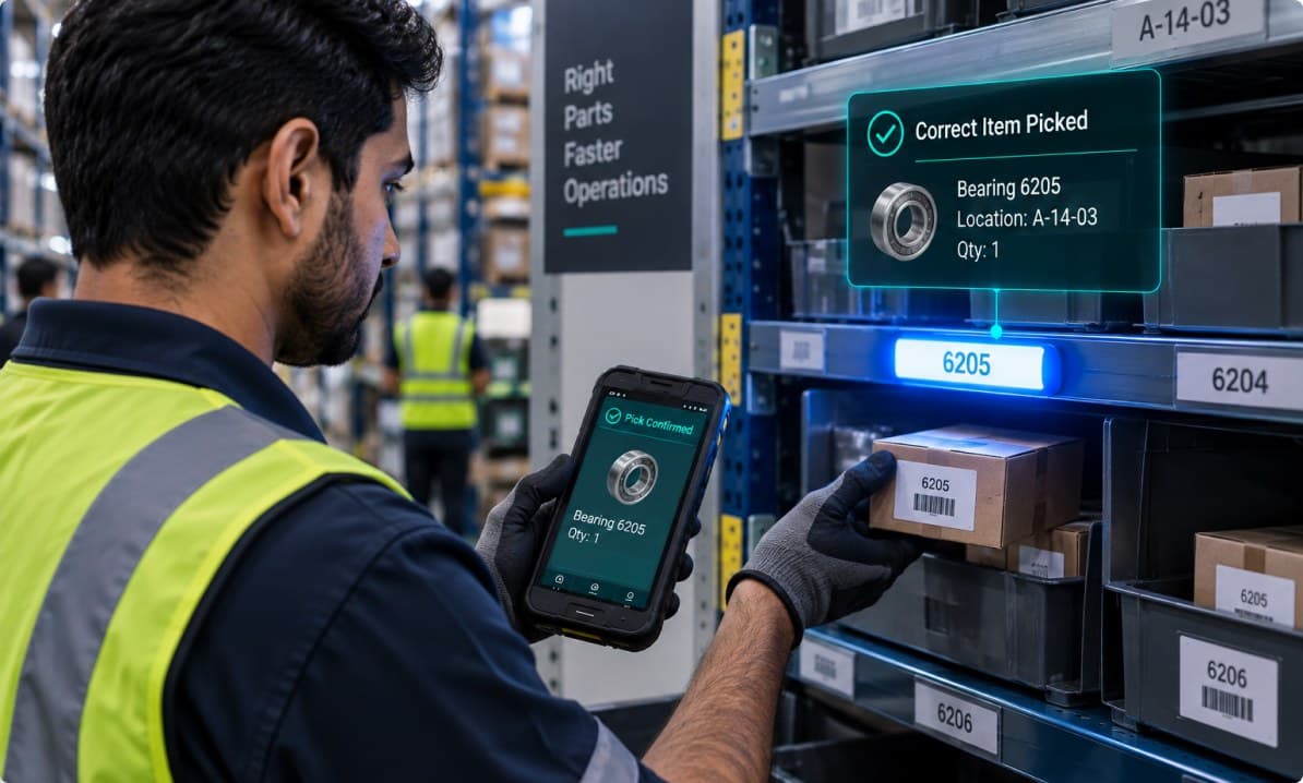 Warehouse picker scanning a bin label as a correct-item-picked confirmation appears