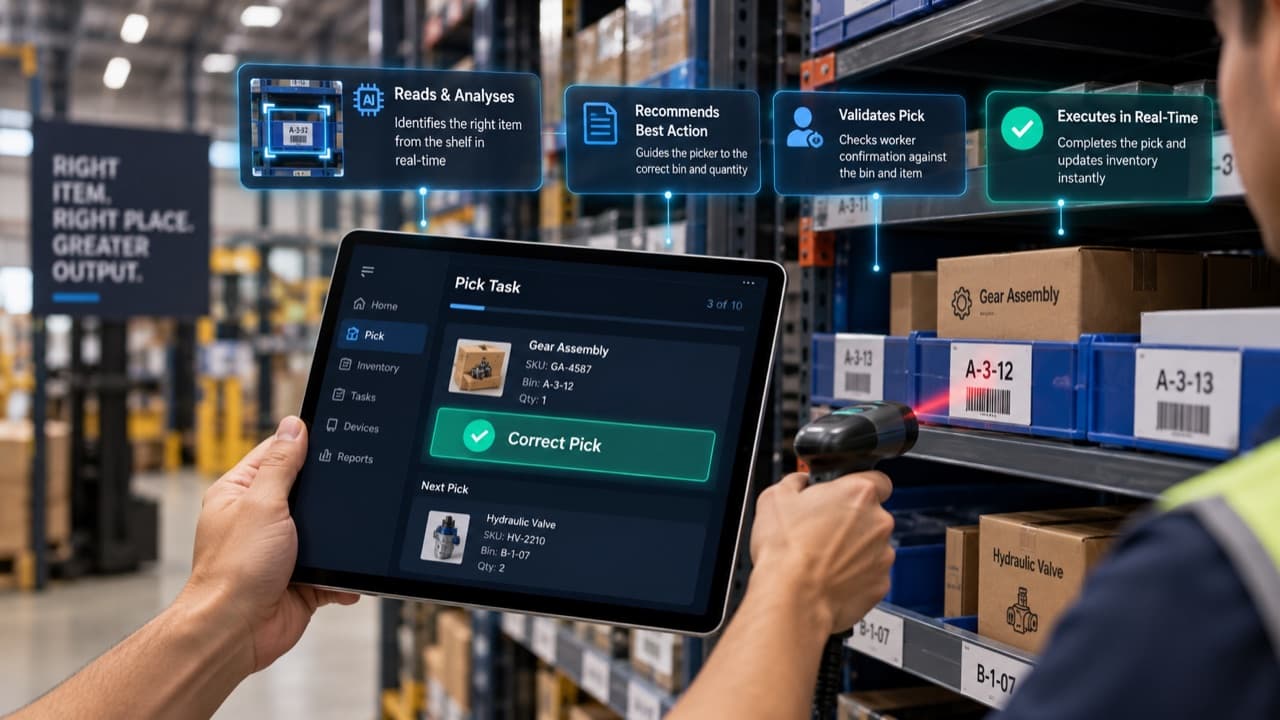 A picker working a Maestro pick task on a tablet while scanning a bin, with the read, recommend, validate and execute steps overlaid