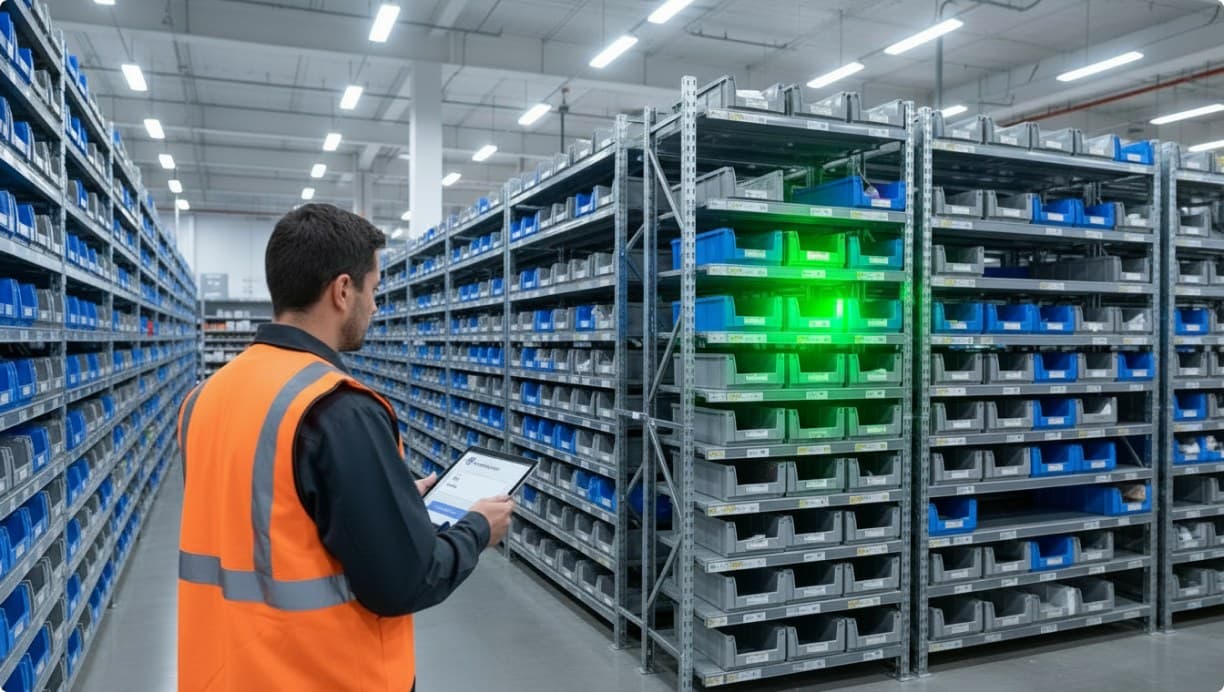 Green pick-to-light bins guiding a worker down a warehouse aisle