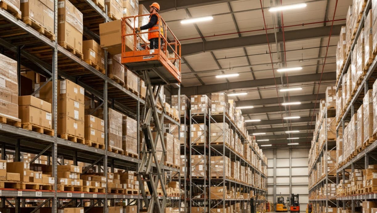 Order picker working high racking from a lift in a distribution centre