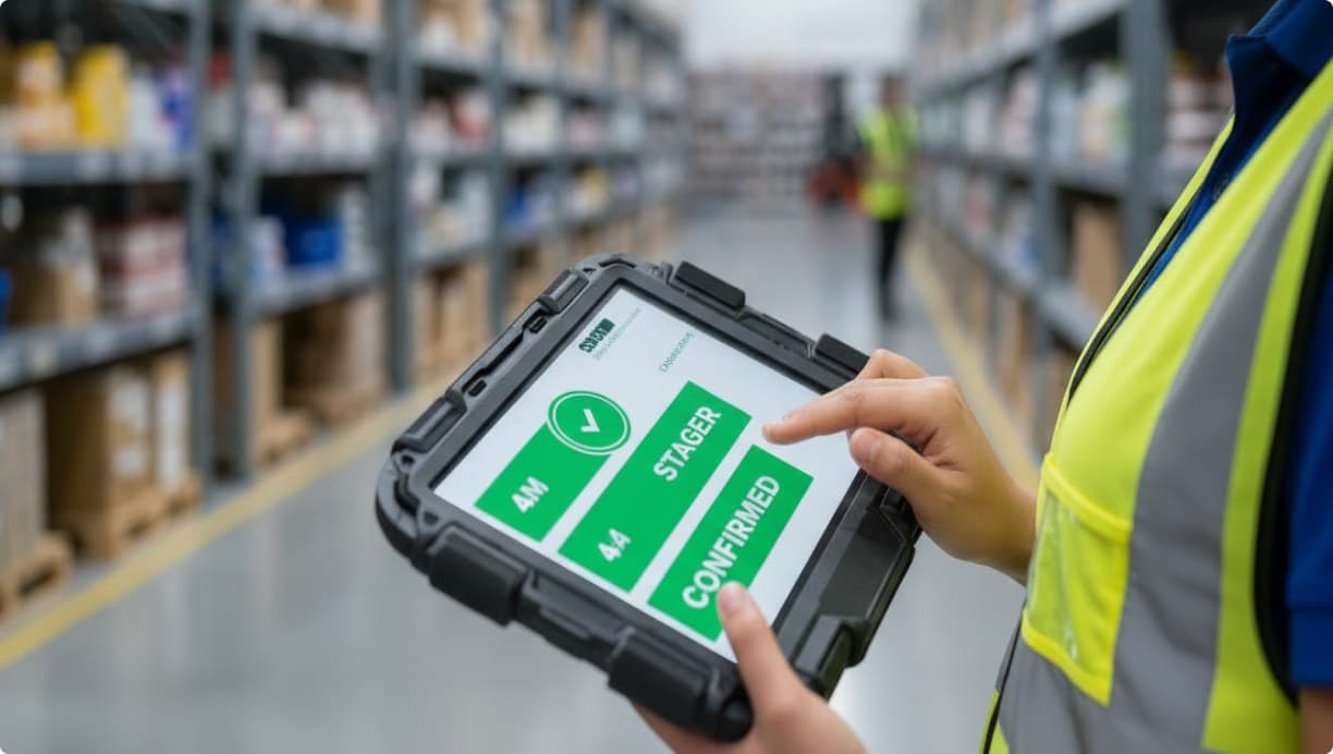 Worker confirming a pick as complete on a rugged handheld