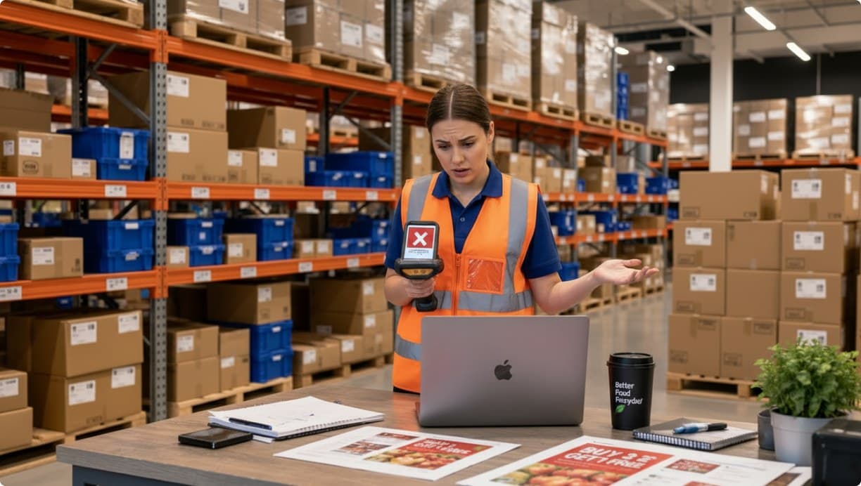 Supervisor reviewing a flagged mismatch on a laptop at a packing bench
