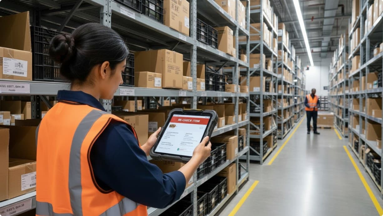 Picker rechecking an item on a tablet in the aisle