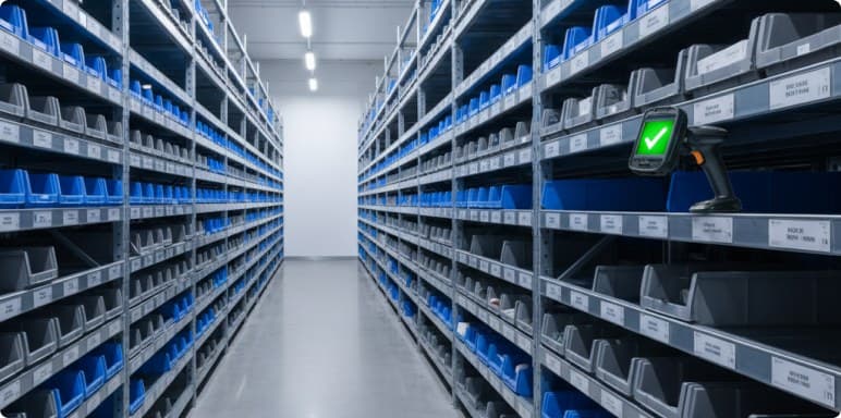 Bin location confirmed green on a warehouse pick face