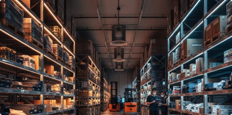 Order pickers working a multi-level warehouse aisle