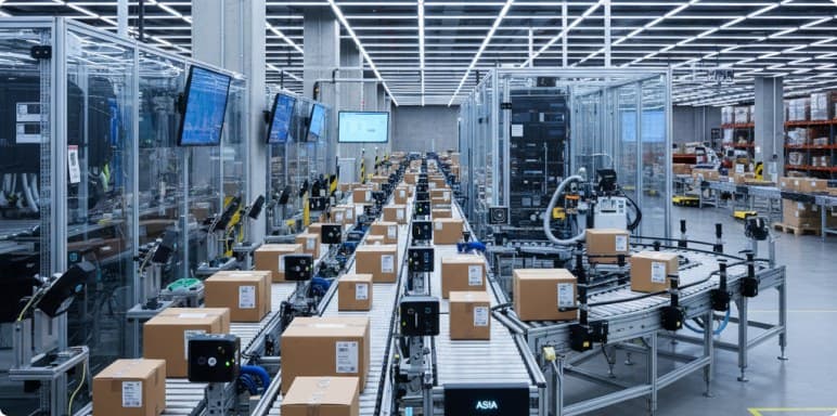 Automated sortation conveyor moving cartons through a fulfilment centre