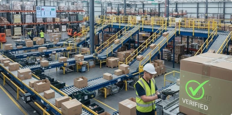 Verified carton leaving an outbound conveyor line