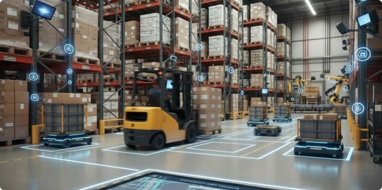 Autonomous mobile robots moving pallets across a warehouse floor