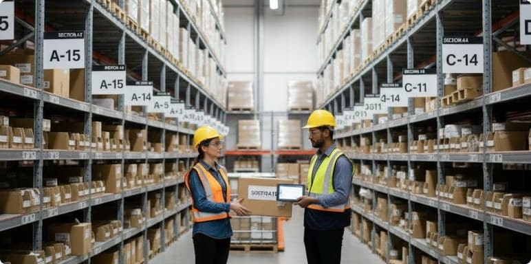 Two operators checking a carton against the bin locations in the aisle