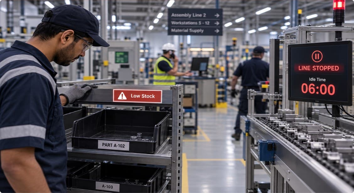 Line-stopped display counting idle time beside an empty parts bin on the factory floor