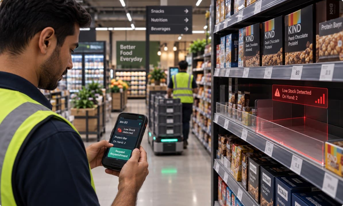 Worker holding a handheld device beside a low-stock alert on a shelf