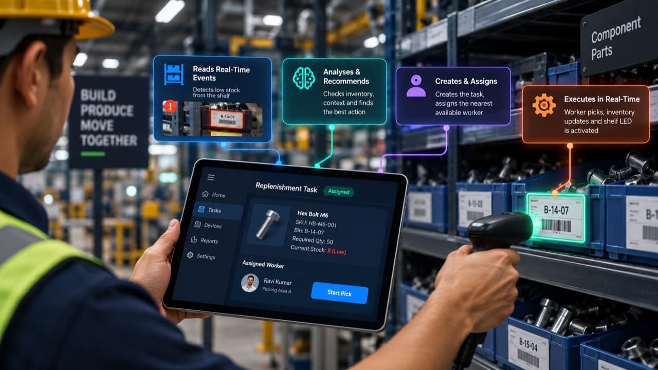 A worker opening a Maestro replenishment task on a tablet while scanning a low-stock bin, with the read, analyse, assign and execute steps overlaid