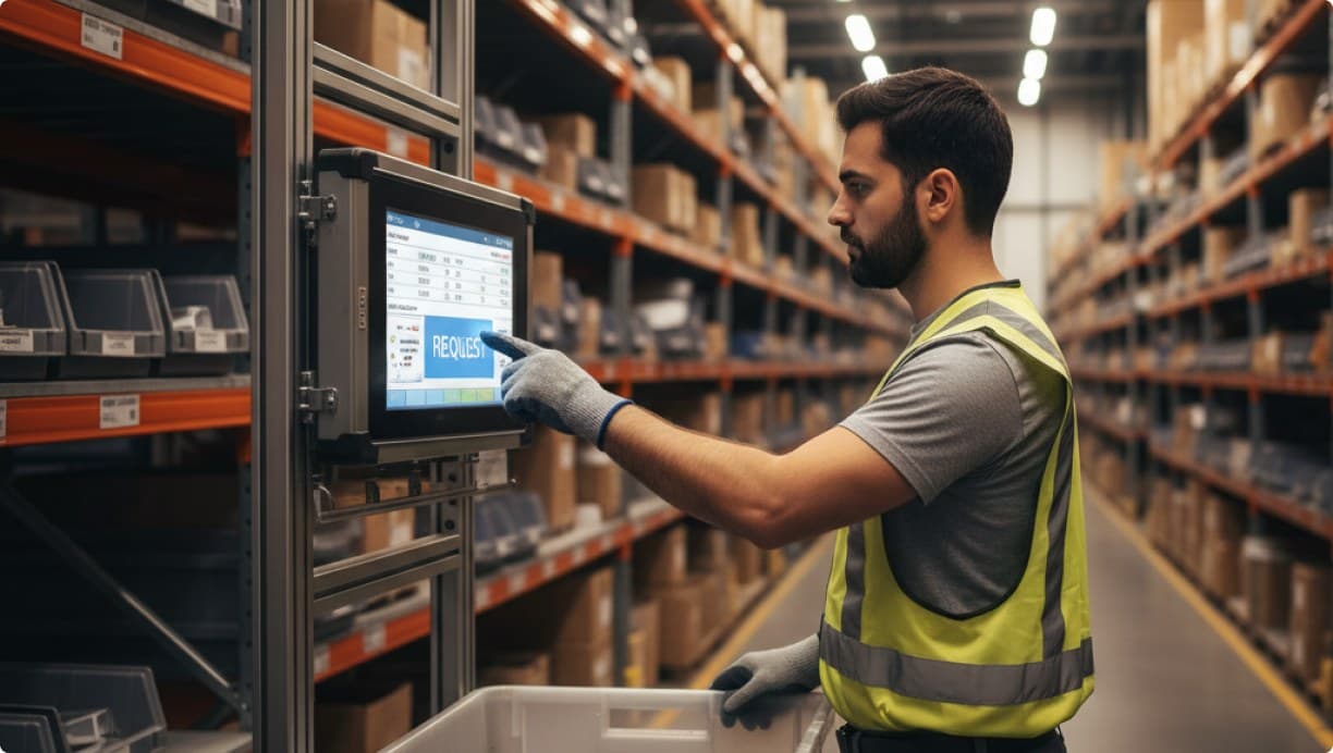 Worker raising a replenishment request at a rack-mounted terminal