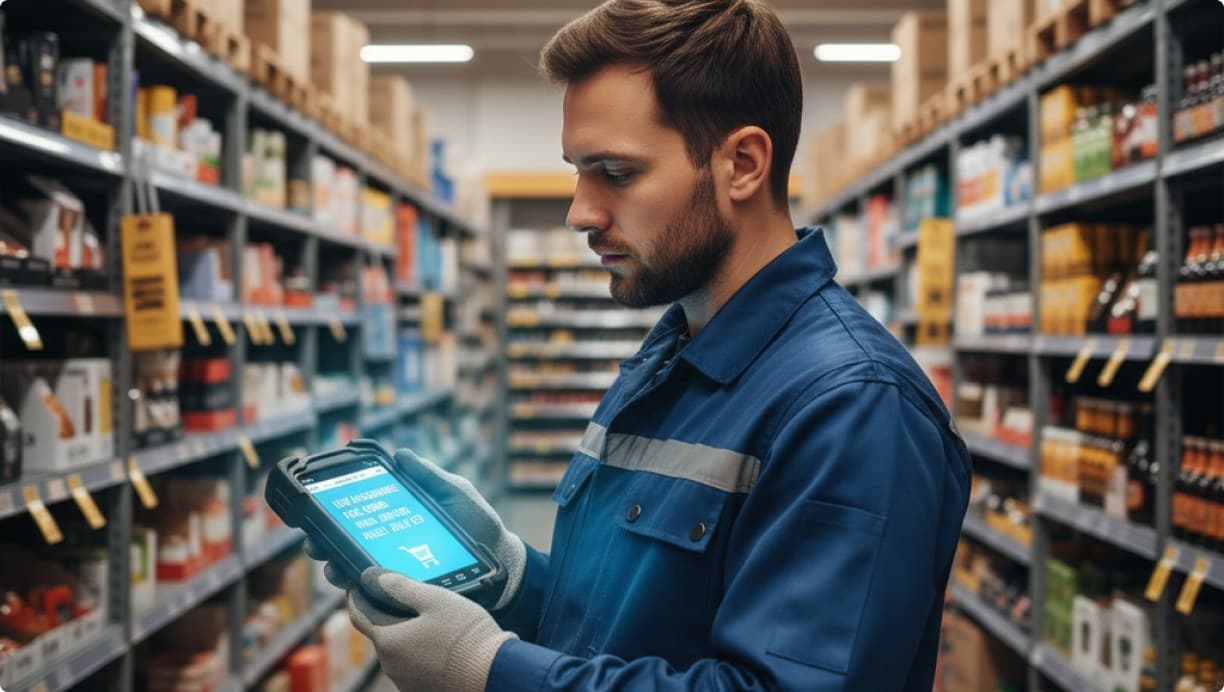 Worker receiving the task on a handheld device in the aisle