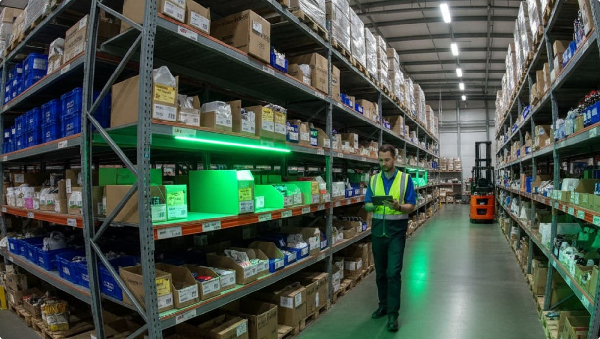 Supply-shelf lights guiding the worker down a warehouse aisle