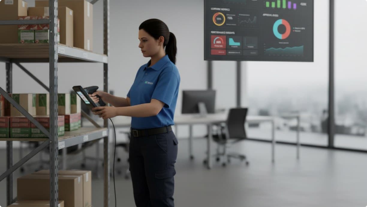 Worker completing the replenishment while performance dashboards update