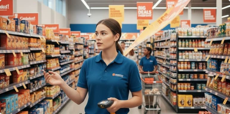 Colleague directing replenishment in a grocery aisle