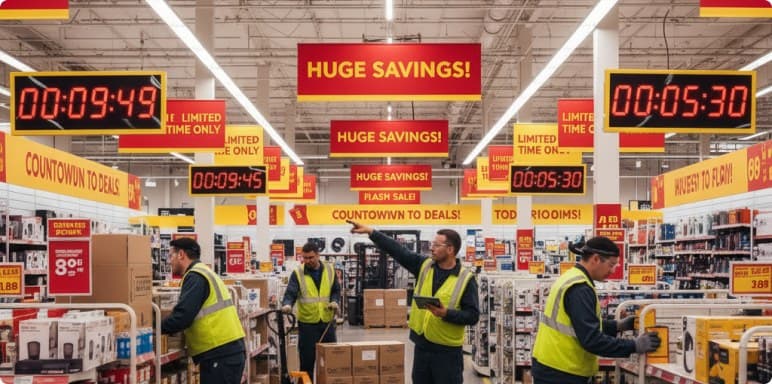 Team restocking the shop floor during a countdown sale