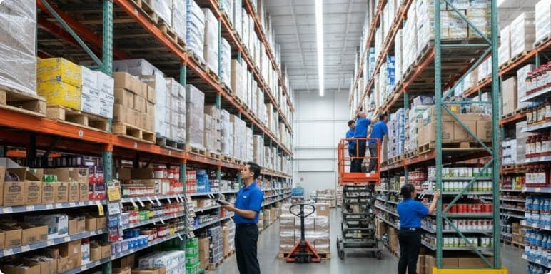 Warehouse team replenishing racking from a lift truck