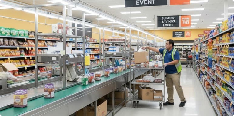 Colleague replenishing a chilled aisle from a trolley