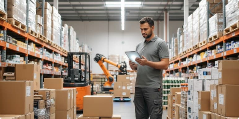 Operator checking replenishment on a tablet beside a robot in a fulfilment centre