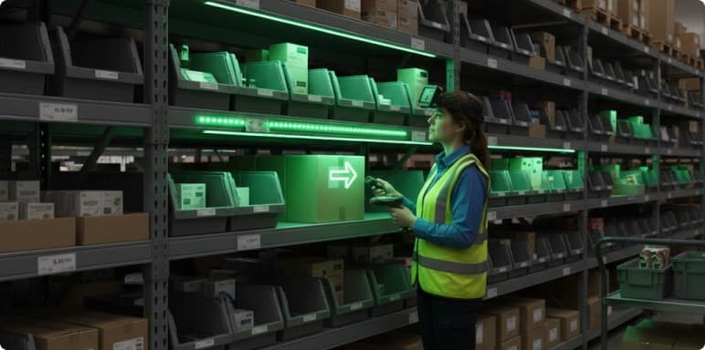 Worker at a supply rack with the low bin lit green