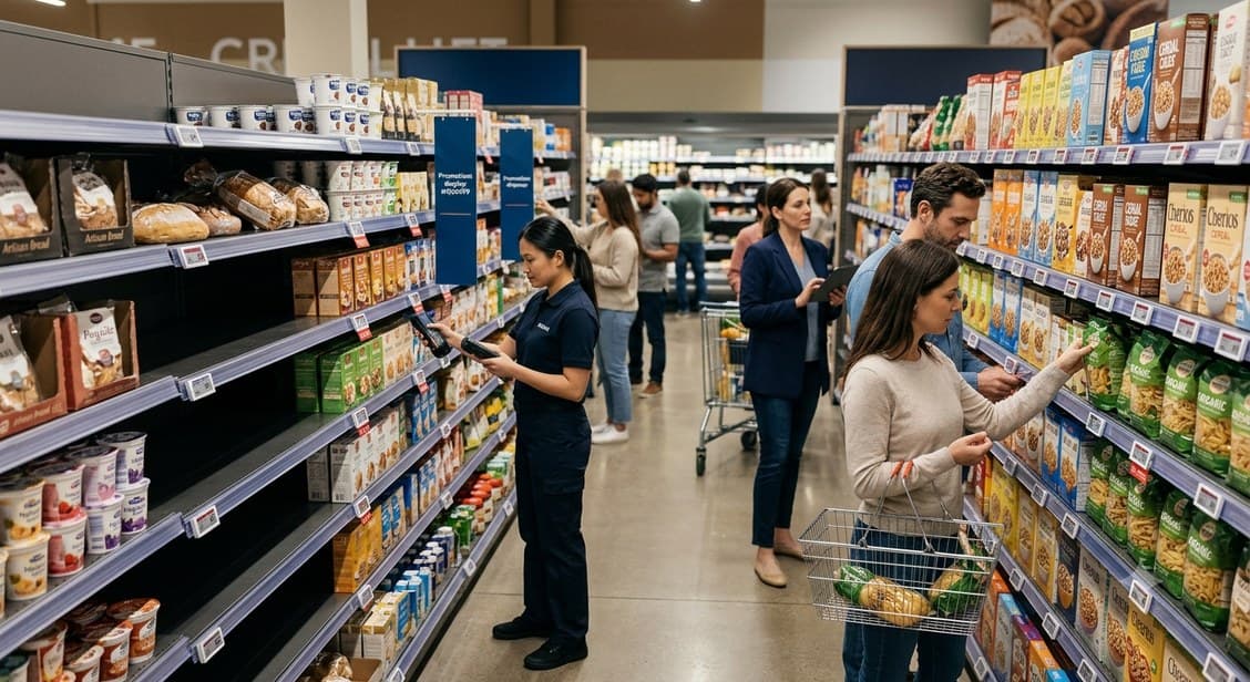 Shoppers and staff along a full grocery aisle at trading hours