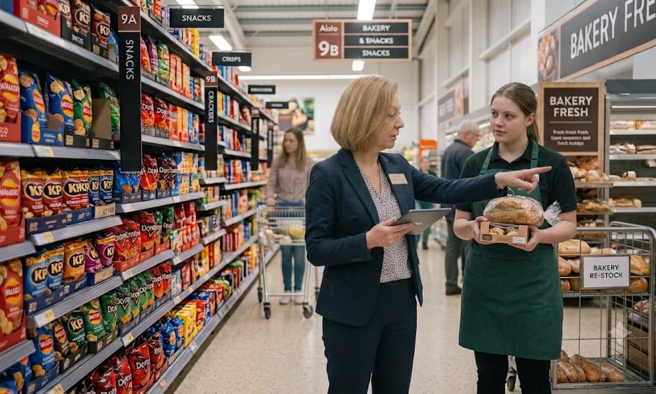 Store manager and colleague reviewing the aisle together, one holding a tablet