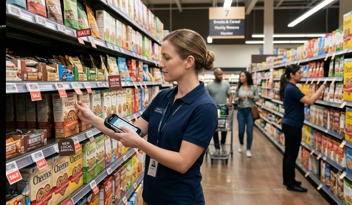 Associate reading shelf prices and stock from a handheld in the aisle