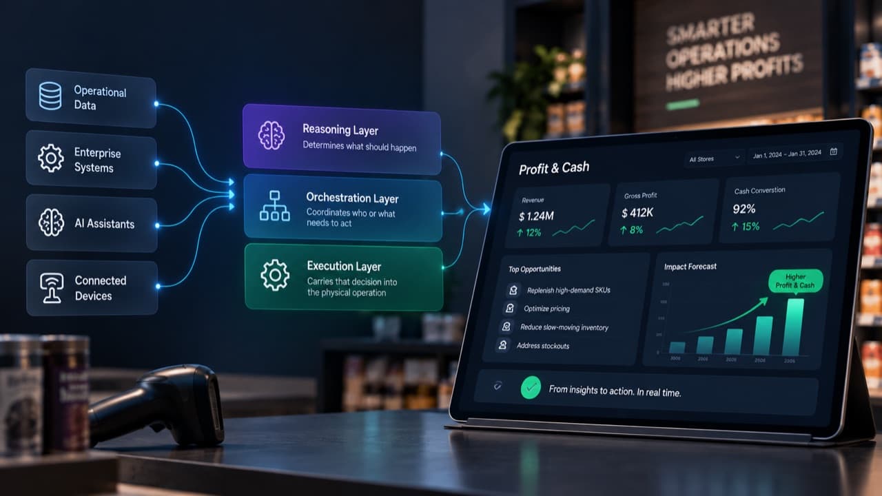 Maestro's Profit & Cash dashboard on a tablet, fed by operational data, enterprise systems, AI assistants and connected devices through its reasoning, orchestration and execution layers