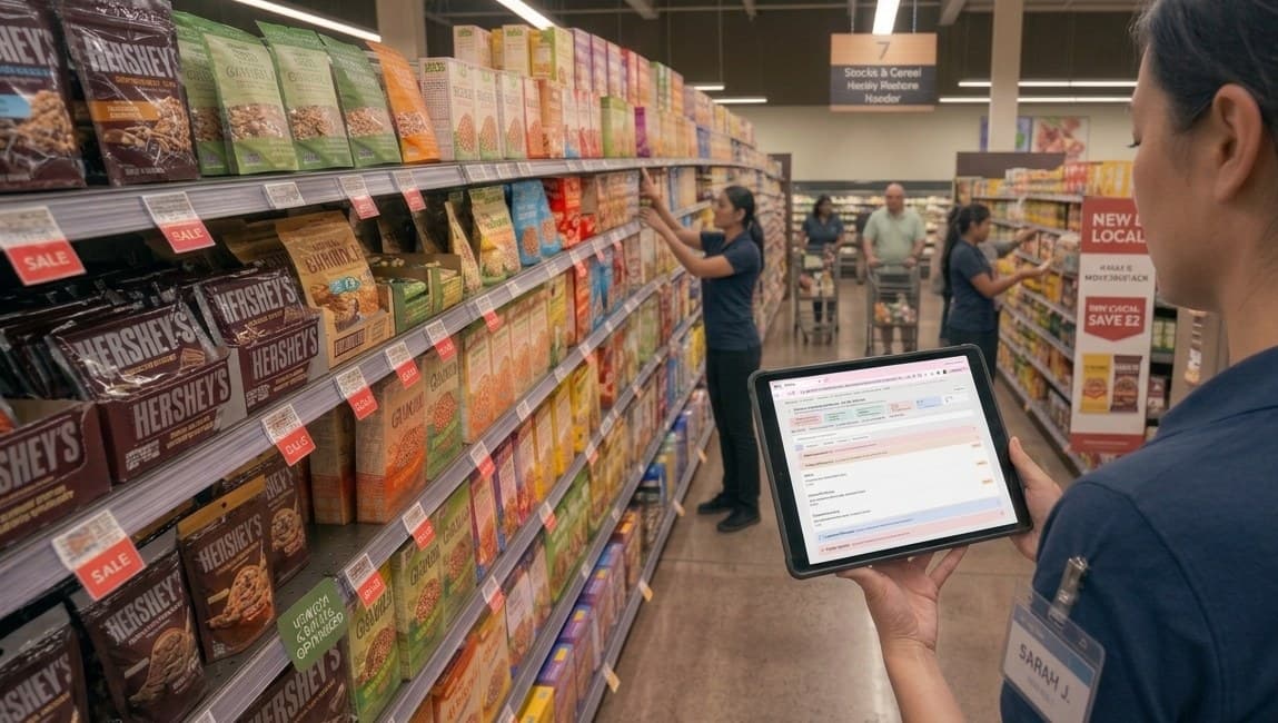 Associate reading live shelf and pricing detail from a tablet in the aisle