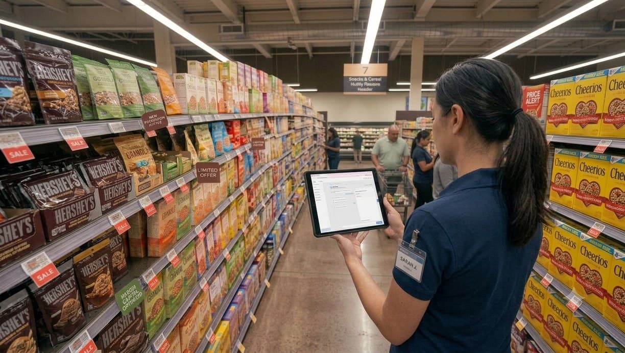 Shelf-edge labels and stock levels read across a full bay