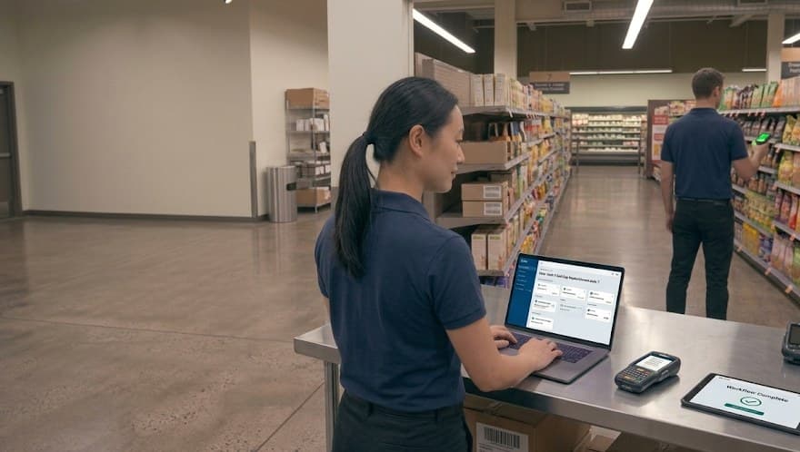 Store lead reviewing the outcome on a laptop at the service desk