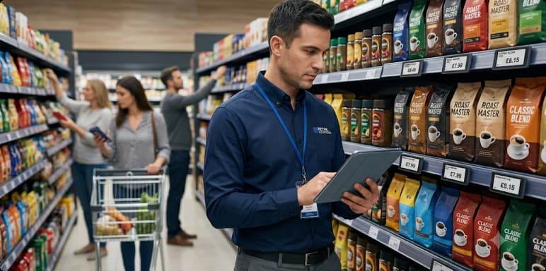Associate checking a priced coffee bay against the market on a tablet